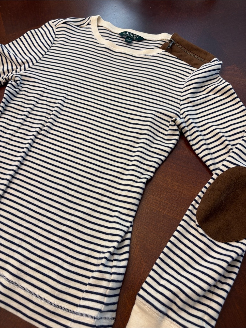 LAUREN Ralph Lauren Cream & Navy Stripe Sweater with Brown Elbow Patches - Picture 2 of 5